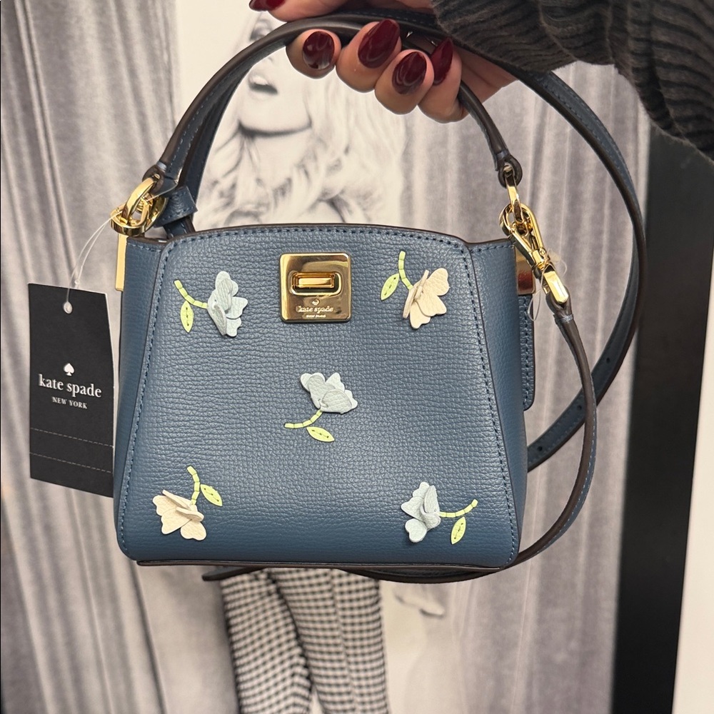 NWT Kate Spade Blue Mini Bag with Floral Accents